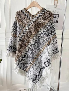 Boho Aztec Poncho W/ Fringes 